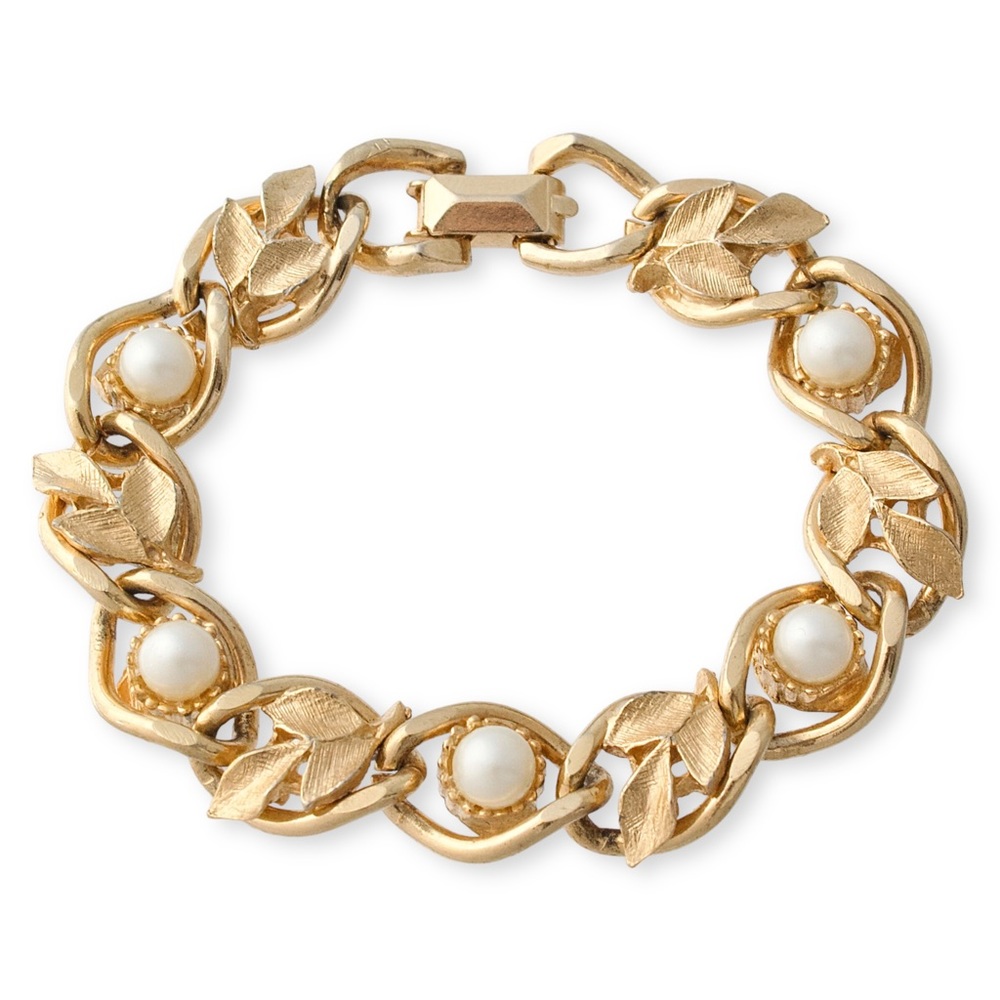 Vintage Faux Pearl Gold Plated Leaf Link Bracelet